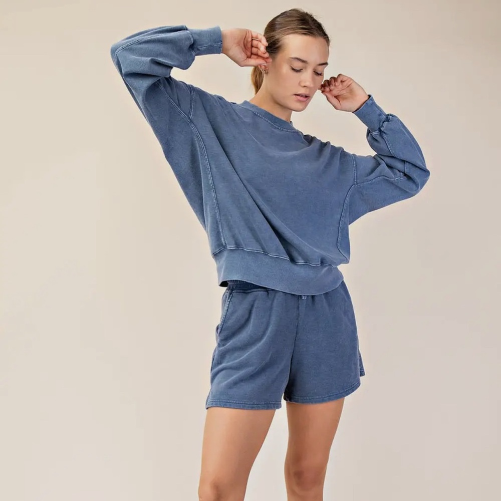 Women's Mineral Wash Navy French Terry Sweatshirt and Shorts s…